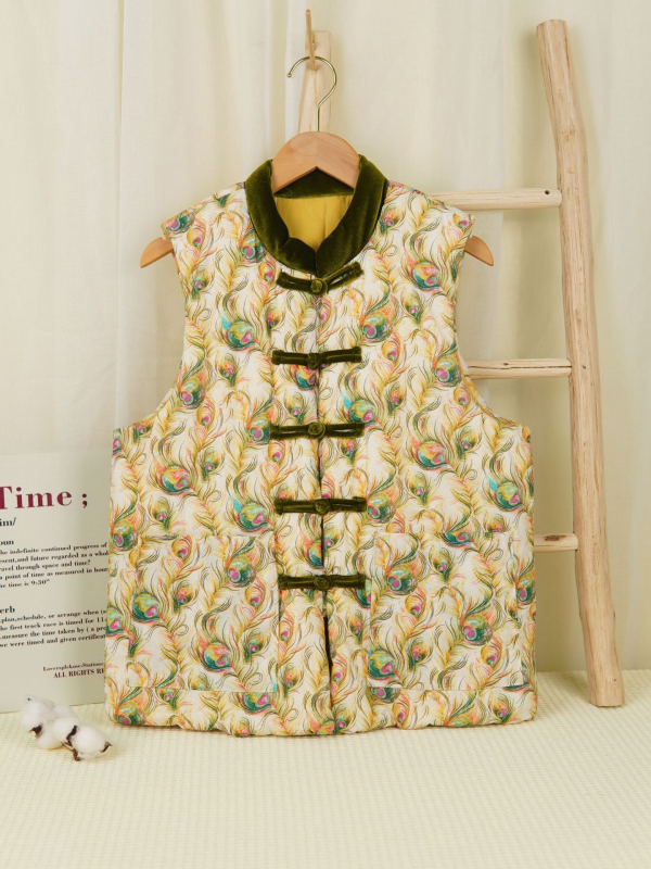 Moteriška medvilninė liemenė su gėlių raštu, stovinčio kaklo, medvilnės užpildas, ilgas kirpimas