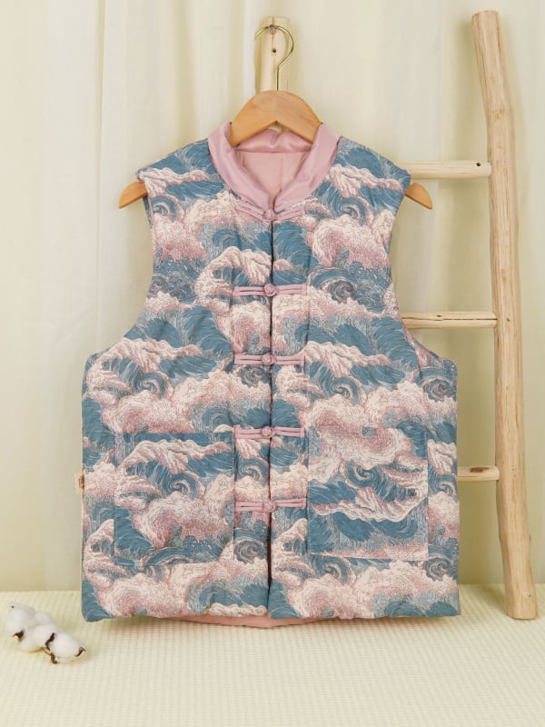 Moteriška medvilninė liemenė su gėlių raštu, stovinčio kaklo, medvilnės užpildas, ilgas kirpimas