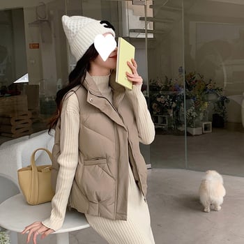 Ženska vesta s punjenjem od perja i pamuka - stojeći ovratnik, zatvarač sprijeda (debela tkanina; udoban kroj; vanjska tkanina poliester; punjenje perjem i pamukom; duljina 50–65 cm)