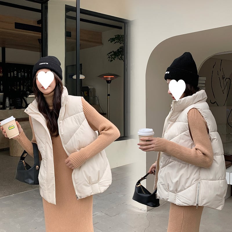 Ženska vesta s punjenjem od perja i pamuka - stojeći ovratnik, zatvarač sprijeda (debela tkanina; udoban kroj; vanjska tkanina poliester; punjenje perjem i pamukom; duljina 50–65 cm)