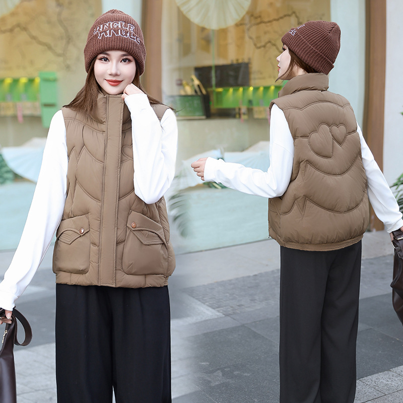 Ženski vest od poliestera s pamučnim punjenjem, slobodan kroj, polo ovratnik, zatvarač, 3D uzorak