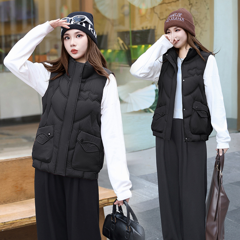 Ženski vest od poliestera s pamučnim punjenjem, slobodan kroj, polo ovratnik, zatvarač, 3D uzorak