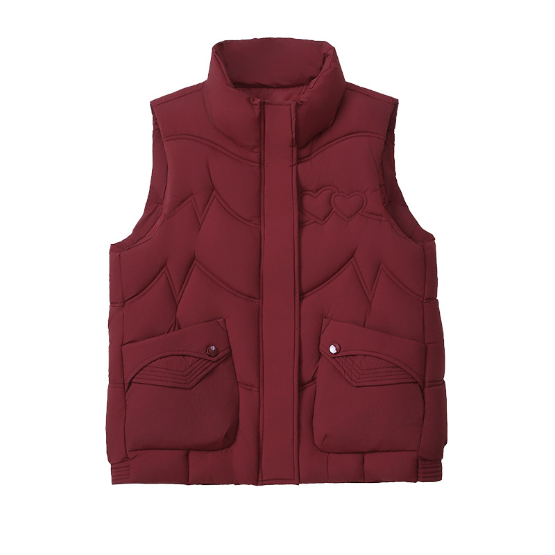 Ženski vest od poliestera s pamučnim punjenjem, slobodan kroj, polo ovratnik, zatvarač, 3D uzorak