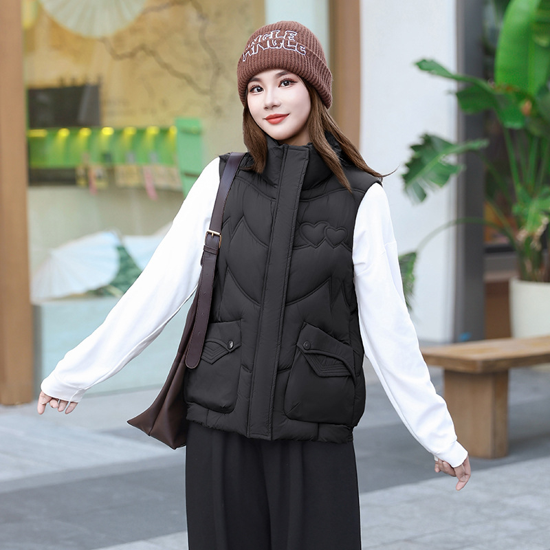 Ženski vest od poliestera s pamučnim punjenjem, slobodan kroj, polo ovratnik, zatvarač, 3D uzorak