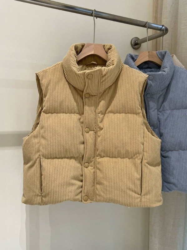Corduroy zimska vest s Space cotton punjenjem, stojeći ovratnik, zatvarač, obična duljina 50–65 cm, korejski stil