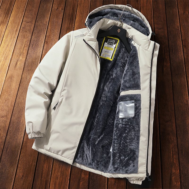 Férfi pamut-párnázott dzseki kapucnival, bélés len, külső: gyapjú, egyszerű gombos zárás, téli 2024