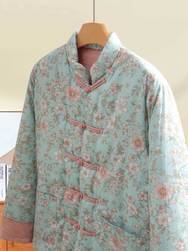 Jachetă de iarnă pentru femei, cu umplutură Silk-Cotton, imprimeu floral, mâneci stil prințesă, guler polo, închidere cu nasturi pe un rând