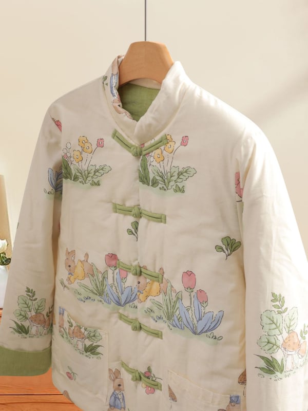 Jachetă de iarnă pentru femei, cu umplutură Silk-Cotton, imprimeu floral, mâneci stil prințesă, guler polo, închidere cu nasturi pe un rând