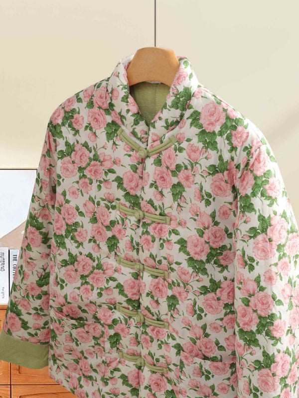 Jachetă de iarnă pentru femei, cu umplutură Silk-Cotton, imprimeu floral, mâneci stil prințesă, guler polo, închidere cu nasturi pe un rând