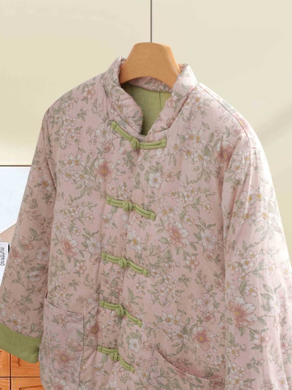 Jachetă de iarnă pentru femei, cu umplutură Silk-Cotton, imprimeu floral, mâneci stil prințesă, guler polo, închidere cu nasturi pe un rând