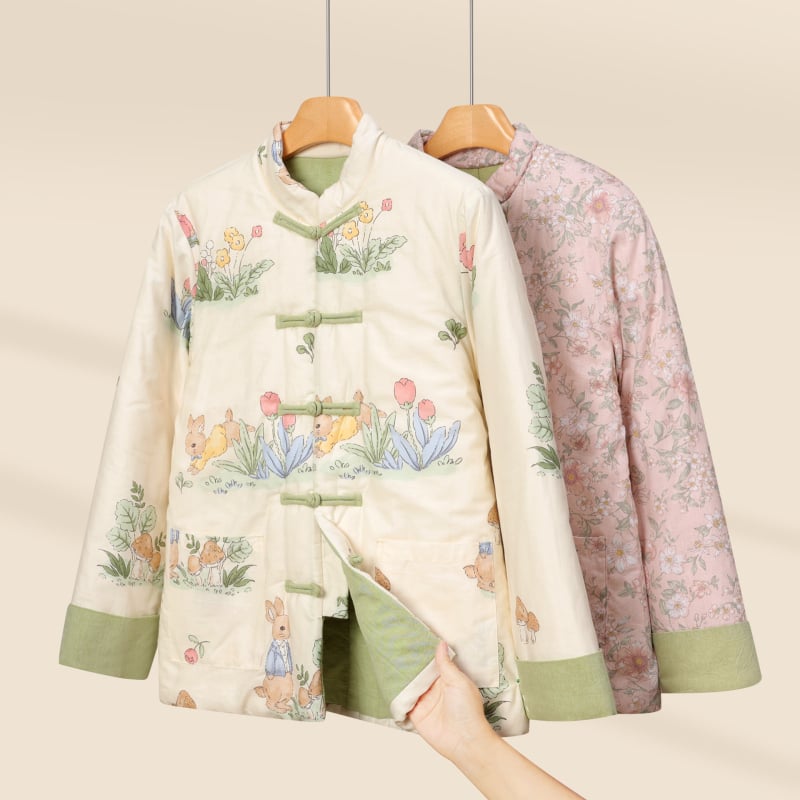 Jachetă de iarnă pentru femei, cu umplutură Silk-Cotton, imprimeu floral, mâneci stil prințesă, guler polo, închidere cu nasturi pe un rând