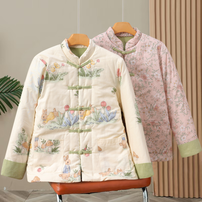 Jachetă de iarnă pentru femei, cu umplutură Silk-Cotton, imprimeu floral, mâneci stil prințesă, guler polo, închidere cu nasturi pe un rând