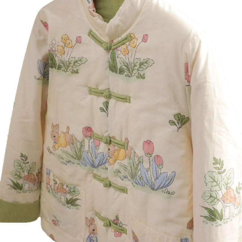 Jachetă de iarnă pentru femei, cu umplutură Silk-Cotton, imprimeu floral, mâneci stil prințesă, guler polo, închidere cu nasturi pe un rând