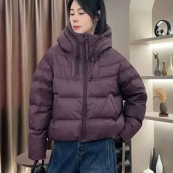 Geacă scurtă din bumbac cu umplutură Silk Cotton (fibră de poliester), iarnă 2025, stil coreean, croială lejeră, glugă cu fermoar, exterior poliester