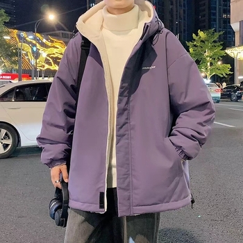 Férfi vinilonból készült kapucnis kabát fleece-béléssel, cipzárral, lazított szabás, oldalsó zsebek