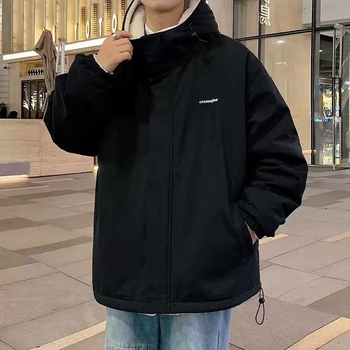 Férfi vinilonból készült kapucnis kabát fleece-béléssel, cipzárral, lazított szabás, oldalsó zsebek