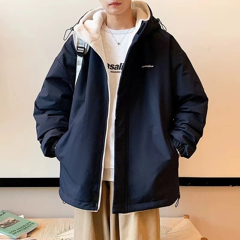 Férfi vinilonból készült kapucnis kabát fleece-béléssel, cipzárral, lazított szabás, oldalsó zsebek