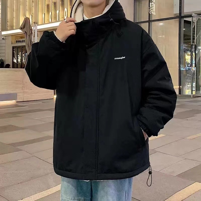 Férfi vinilonból készült kapucnis kabát fleece-béléssel, cipzárral, lazított szabás, oldalsó zsebek