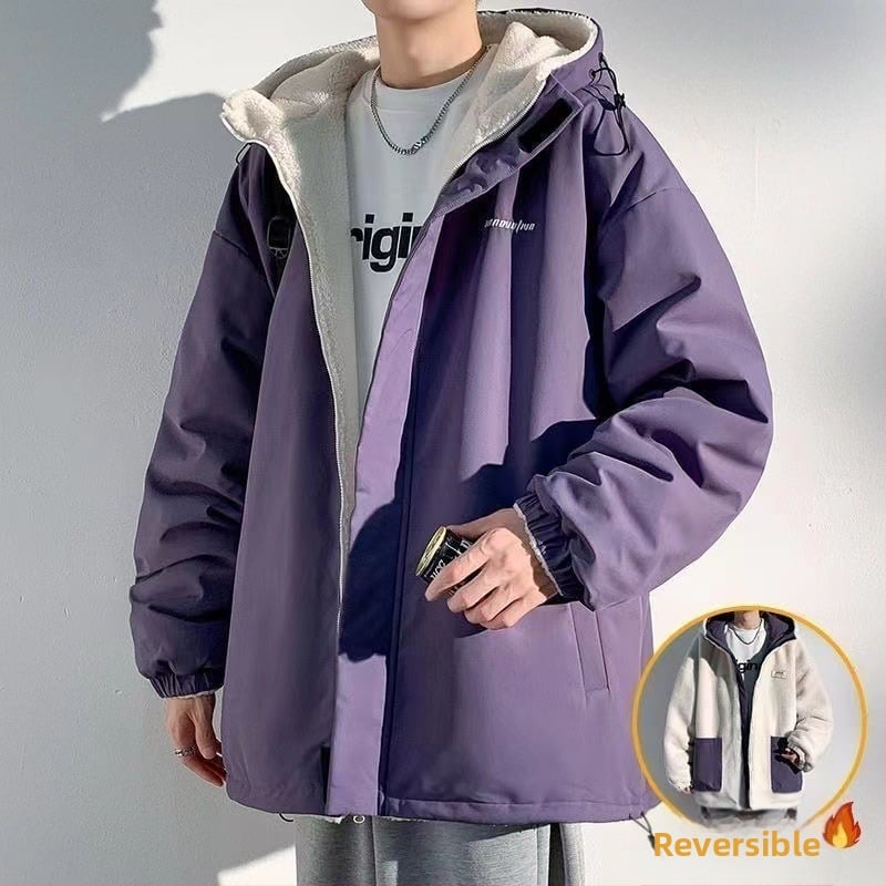 Vyrinė viniloninė striukė su fleece pamušalu, gobtuvu, užtrauktuku, laisvo kirpimo, šoninės kišenės