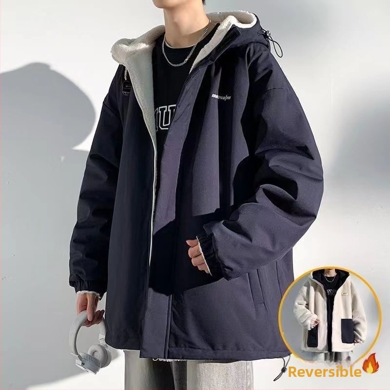 Vyrinė viniloninė striukė su fleece pamušalu, gobtuvu, užtrauktuku, laisvo kirpimo, šoninės kišenės