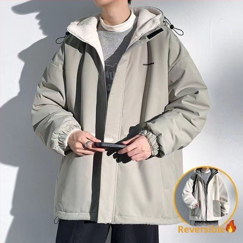 Vyrinė viniloninė striukė su fleece pamušalu, gobtuvu, užtrauktuku, laisvo kirpimo, šoninės kišenės