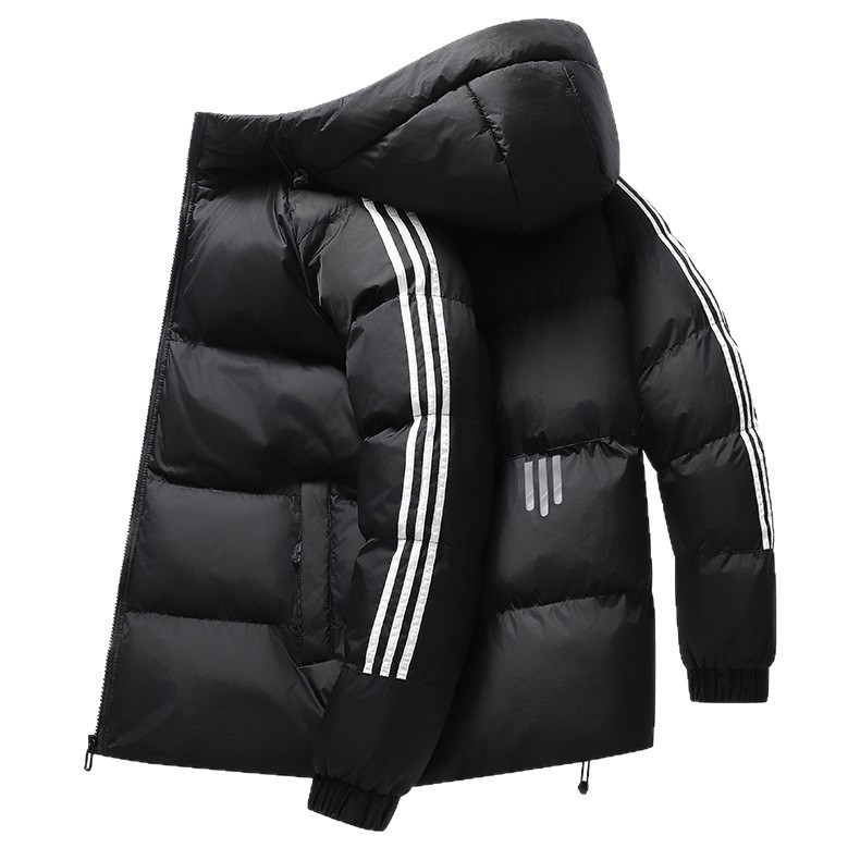 Férfi kapucnis vastag töltetű dzseki poliészter töltettel, rövid fazon, cipzár