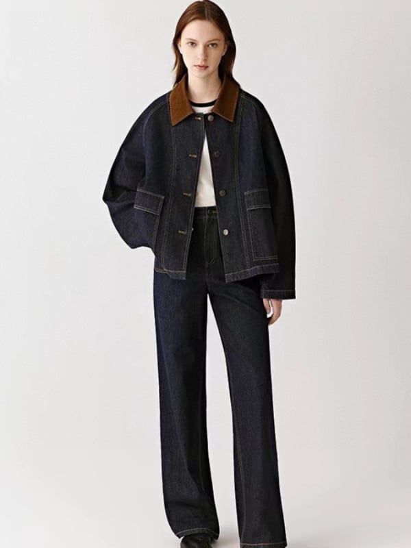 Женски дънков комплект: дънково яке и дънки, памук-еластичен деним, дълги ръкави, Яка: Ревер, Обикновена дължина 50–65 cm (Дънков плат; Памук 95%+; Версия: конвенционална; Сезон: есен 2025)