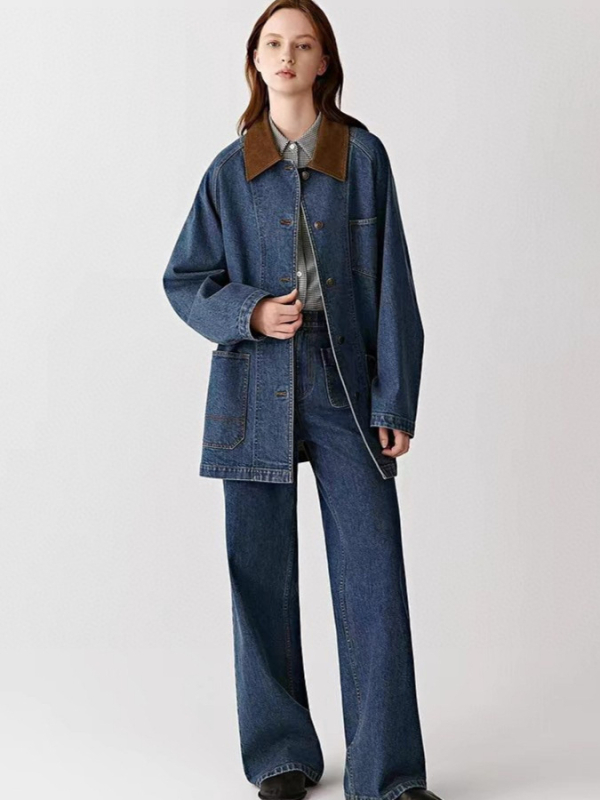 Женски дънков комплект: дънково яке и дънки, памук-еластичен деним, дълги ръкави, Яка: Ревер, Обикновена дължина 50–65 cm (Дънков плат; Памук 95%+; Версия: конвенционална; Сезон: есен 2025)