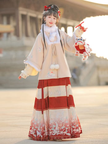 Hanfu za žene, Ming stil, suknja s konjskim licem, stojeći ovratnik, rukavi Pipa, pamuk brađena odjeća