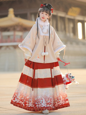Hanfu za žene, Ming stil, suknja s konjskim licem, stojeći ovratnik, rukavi Pipa, pamuk brađena odjeća