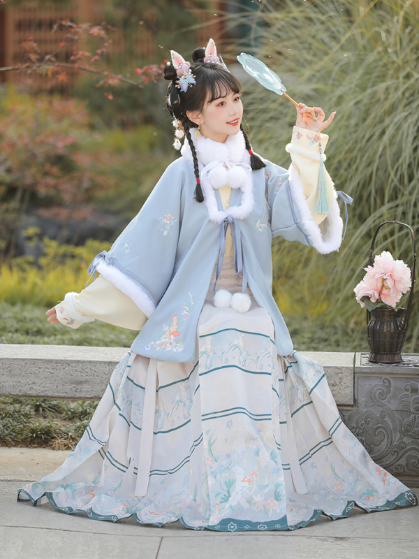 Hanfu za žene, Ming stil, suknja s konjskim licem, stojeći ovratnik, rukavi Pipa, pamuk brađena odjeća