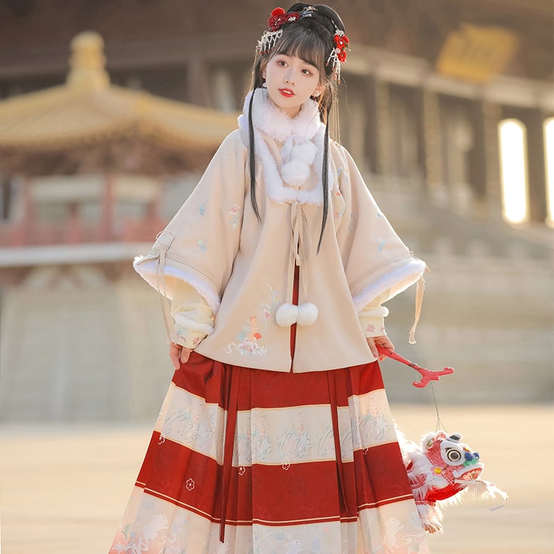 Hanfu za žene, Ming stil, suknja s konjskim licem, stojeći ovratnik, rukavi Pipa, pamuk brađena odjeća