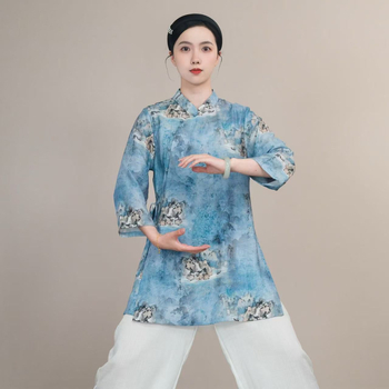 Tai Chi gyakorló felső diagonális gallérral, 3/4-es ujjaival, poliészter anyag, nyár 2025