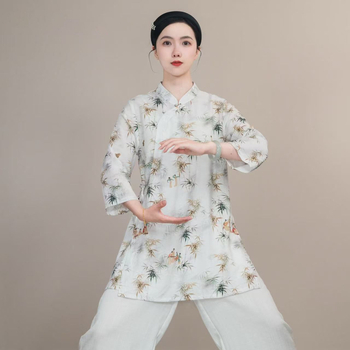 Tai Chi gyakorló felső diagonális gallérral, 3/4-es ujjaival, poliészter anyag, nyár 2025