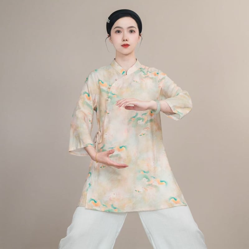 Tai Chi gyakorló felső diagonális gallérral, 3/4-es ujjaival, poliészter anyag, nyár 2025