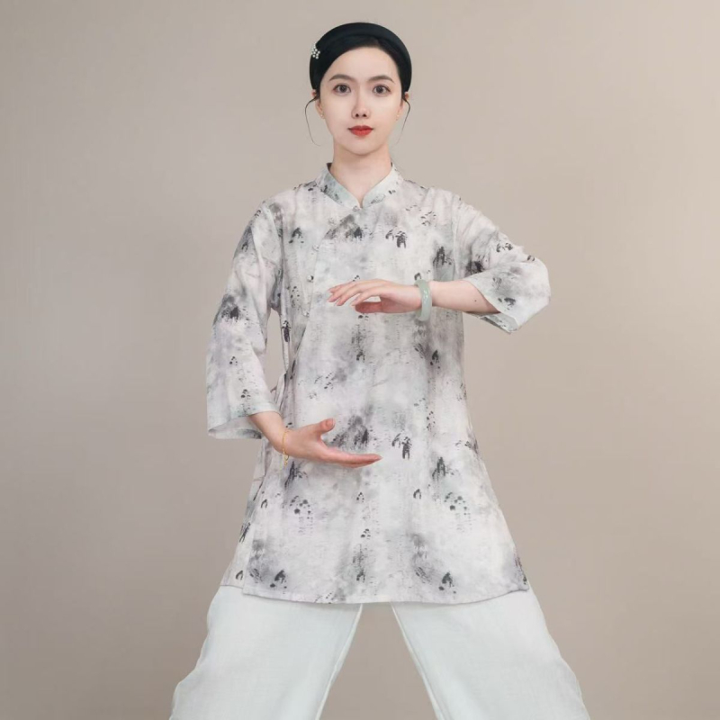 Tai Chi gyakorló felső diagonális gallérral, 3/4-es ujjaival, poliészter anyag, nyár 2025