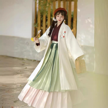 Ženski Hanfu u kineskom stilu dinastije Song, komplet s preklopnim ovratnikom i plisiranom suknjom, debeli kaput, izšiven i oslikan palać stil, poliester