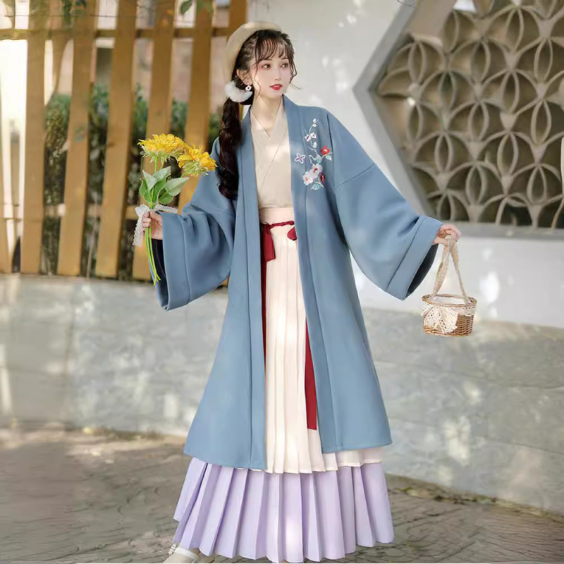 Ženski Hanfu u kineskom stilu dinastije Song, komplet s preklopnim ovratnikom i plisiranom suknjom, debeli kaput, izšiven i oslikan palać stil, poliester