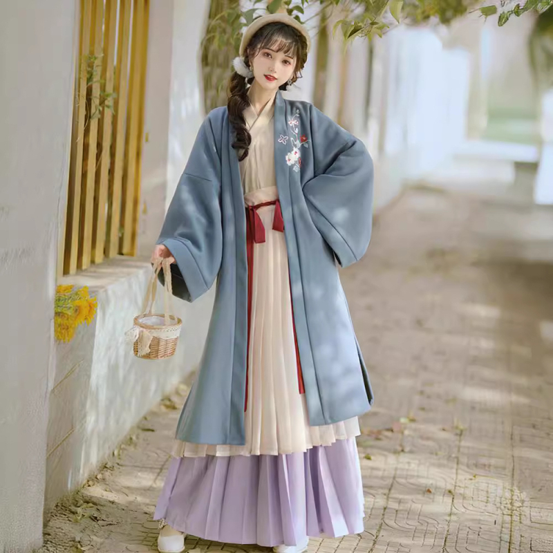 Ženski Hanfu u kineskom stilu dinastije Song, komplet s preklopnim ovratnikom i plisiranom suknjom, debeli kaput, izšiven i oslikan palać stil, poliester