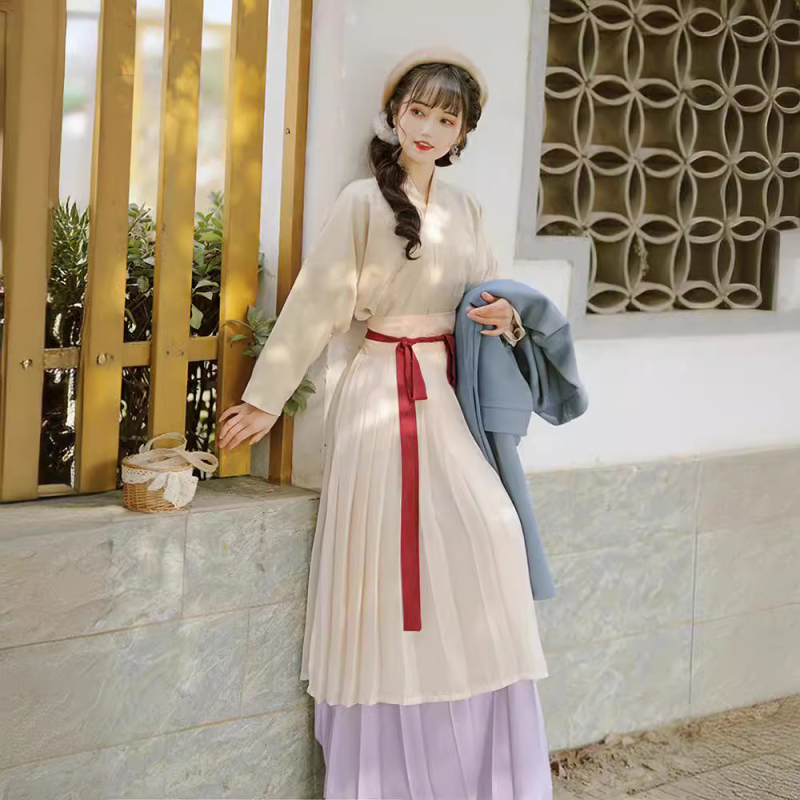 Ženski Hanfu u kineskom stilu dinastije Song, komplet s preklopnim ovratnikom i plisiranom suknjom, debeli kaput, izšiven i oslikan palać stil, poliester