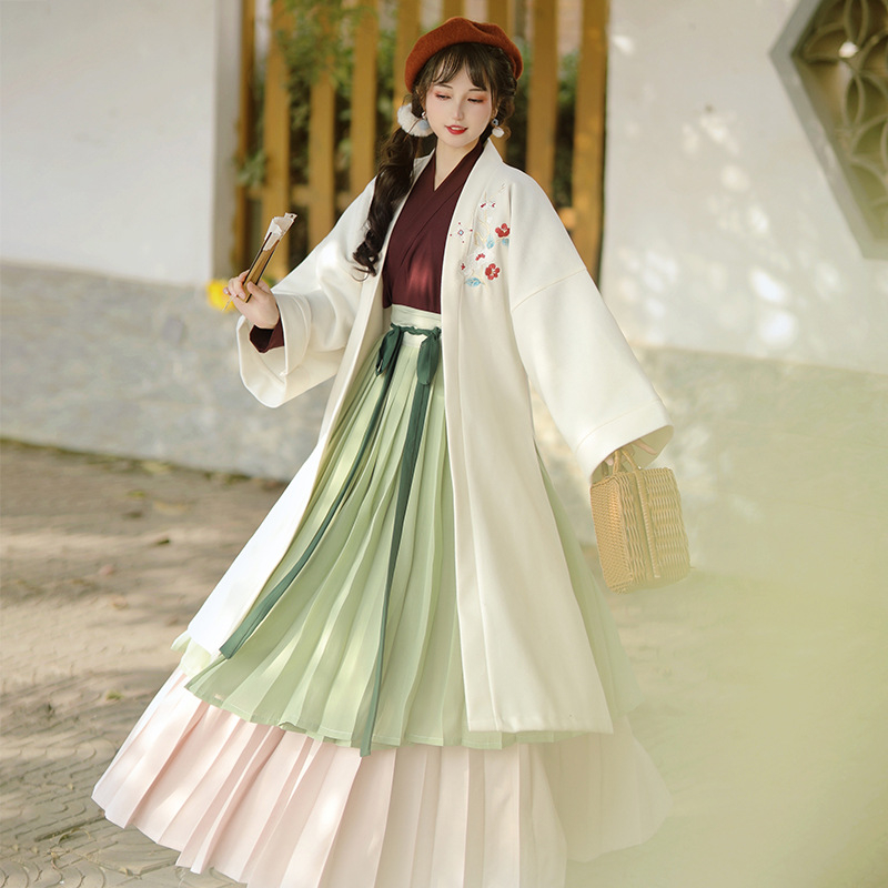 Ženski Hanfu u kineskom stilu dinastije Song, komplet s preklopnim ovratnikom i plisiranom suknjom, debeli kaput, izšiven i oslikan palać stil, poliester