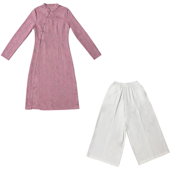 Rochie damă cu mâneci lungi, jacquard din bumbac, inspirată de cheongsam, toamna 2024, conținut de bumbac 30–50%