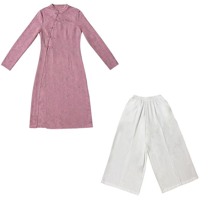 Rochie damă cu mâneci lungi, jacquard din bumbac, inspirată de cheongsam, toamna 2024, conținut de bumbac 30–50%