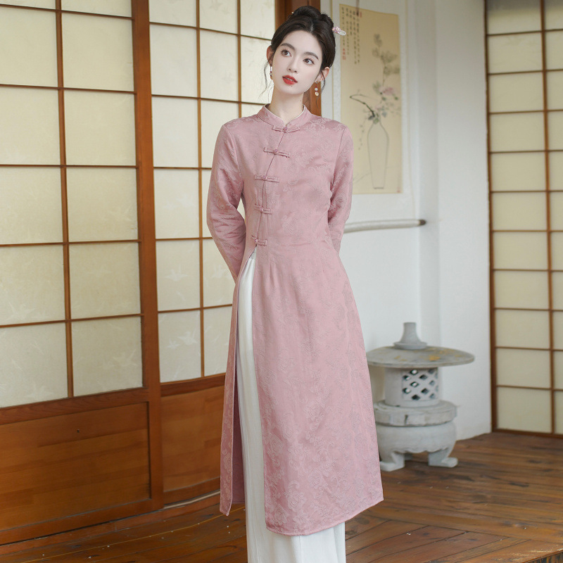 Rochie damă cu mâneci lungi, jacquard din bumbac, inspirată de cheongsam, toamna 2024, conținut de bumbac 30–50%