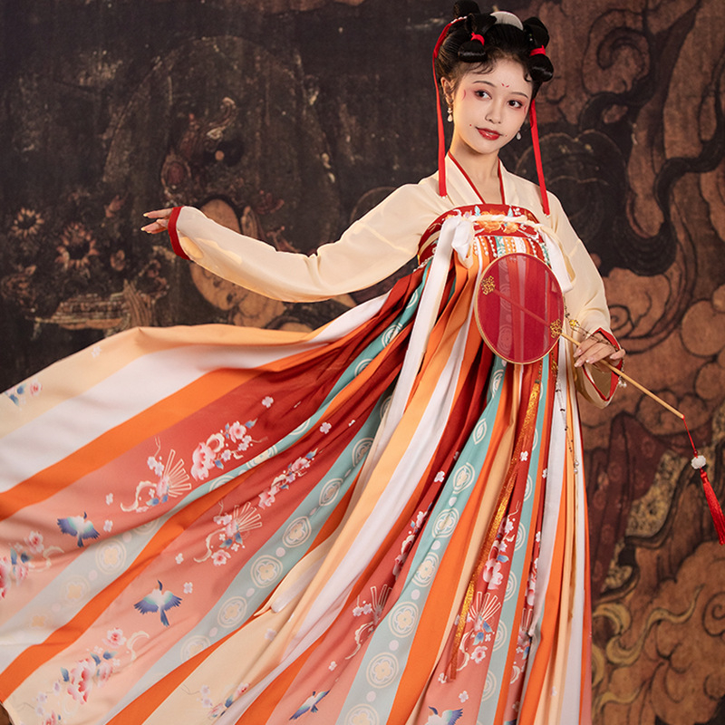 Hanfu kéttagú készlet – hímzett kínai stílus, tavasz-nyár, digitális nyomtatás, poliészter-pamut keverék