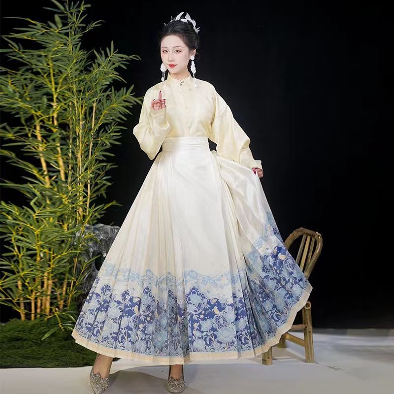 Hanfu horse-face szoknya, Jacquard metálos selyem anyag, polieszter-spandex keverék, egydarabos szabás, mindennapi Hanfu viselethez, nyár 2023