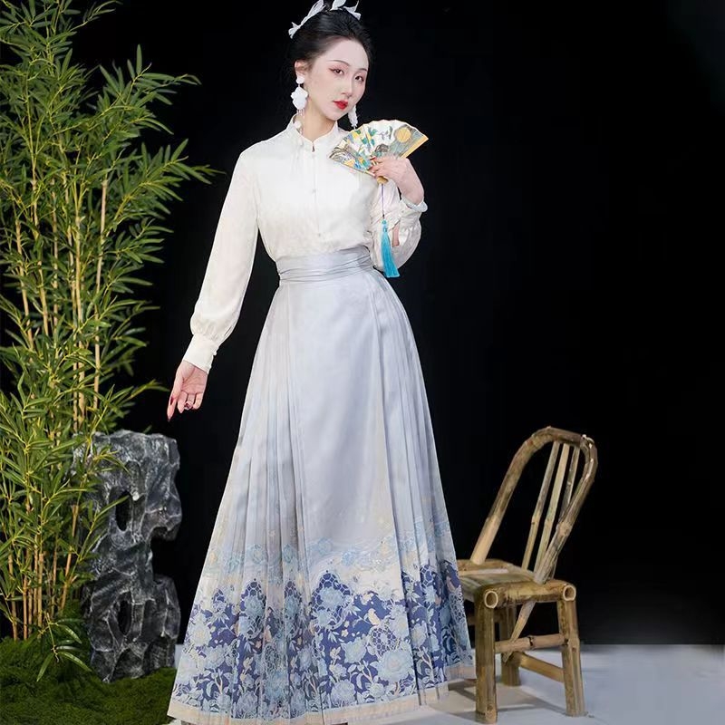 Hanfu horse-face szoknya, Jacquard metálos selyem anyag, polieszter-spandex keverék, egydarabos szabás, mindennapi Hanfu viselethez, nyár 2023