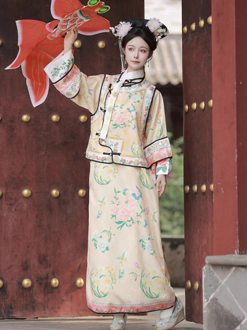 Qing-dinasztia Hanfu palotai jelmez, manchu stílus, poliészter, nyomott kivitel, nyár 2025, 80-90% fő anyag tartalom