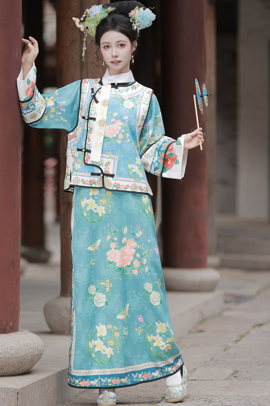 Qing-dinasztia Hanfu palotai jelmez, manchu stílus, poliészter, nyomott kivitel, nyár 2025, 80-90% fő anyag tartalom