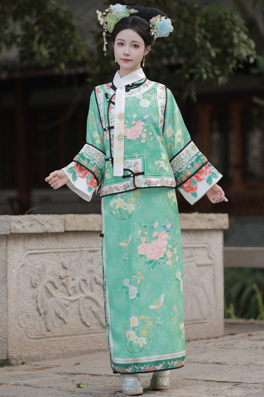 Qing-dinasztia Hanfu palotai jelmez, manchu stílus, poliészter, nyomott kivitel, nyár 2025, 80-90% fő anyag tartalom